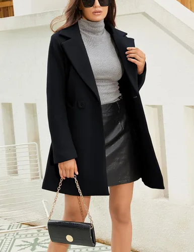 Vista 4 de Springrain Women's Wool Pea Coat Notched Collar Double Breasted Midi Long Trench Coat Outwear