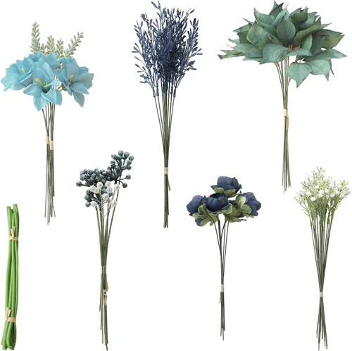Vista 9 de Juego de tallos de follaje artificial, 59 piezas con 7 tipos de flores de follaje sintéticas para manualidades, ramos de novia, arreglos florales