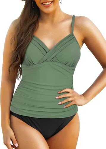 Vista 6 de Tankini para mujer, cuello en V, parte superior de natación fruncida con control de abdomen verde claro (Light Army Green)