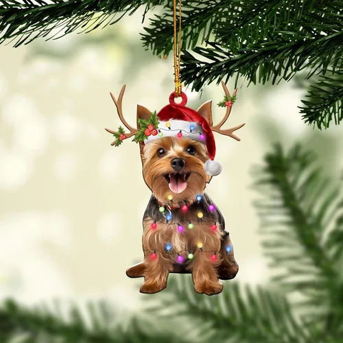 Vista 5 de Talataca Adorno Colgante de Perro Yorkshire Terrier con Sombrero Corona de Yorkie Amante de Perros Adorno Plano 2D de Árbol de Navidad en Madera