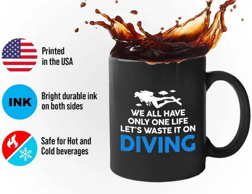 Vista 9 de Taza de café de buceo de 11 onzas, color negro, sumerge en la felicidad, actividades de respiración subacuática, pasatiempos, natación, ascenso