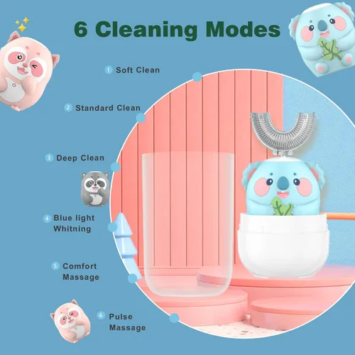 Vista 4 de Cepillo de dientes eléctrico para niños, cepillo de dientes en forma de U, cepillo automático sónico para niños con 5 cabezales de cepillo, 6 modos