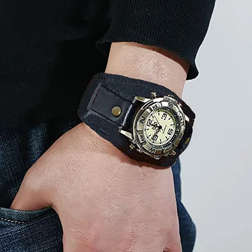 Vista 3 de Pulsera de reloj retro punk de cuero genuino para hombre, estilo hip hop, versátil