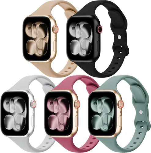 Vista 14 de Paquete de 5 bandas de silicona delgadas compatibles con Apple Watch de 38mm 42mm 40mm 44mm 41mm 45mm 46mm 49mm, correa deportiva estrecha y delgada