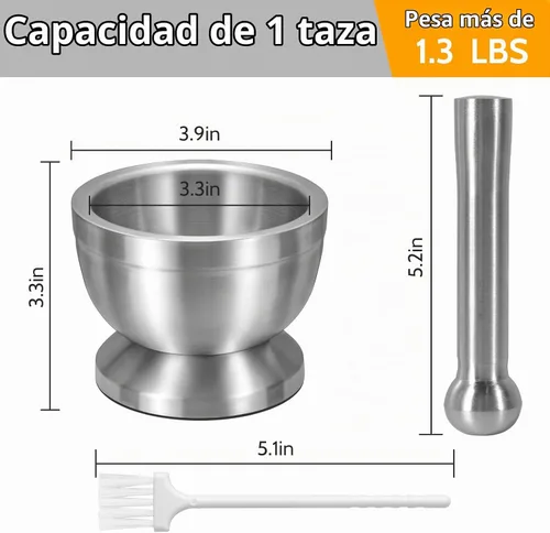 Vista 3 de Juego de mortero y mortero, acero inoxidable con base antideslizante