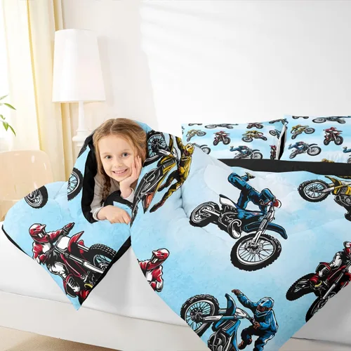 Vista 3 de Erosebridal Juego de ropa de cama de motocross tamaño individual, juego de edredón deportivo extremo para niños y adolescentes, edredón acolchado