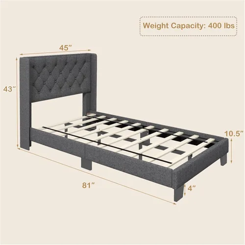 Vista 2 de Giantex Base de cama individual para niños, cama tapizada de tela moderna con cabecera capitoné con botones en la parte trasera de alas, base