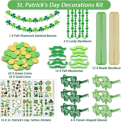 Vista 2 de 94 piezas de accesorios del día de San Patricio, regalos de fiesta del día de San Patricio incluyen pancarta de fieltro de trébol, gafas de trébol