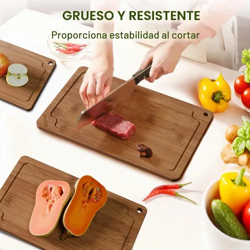 Vista 2 de Tablas de cortar de bambú para cocina, juego de tablas de cortar de madera con ranuras para jugo y asas integradas, tablas de cortar grande, mediana