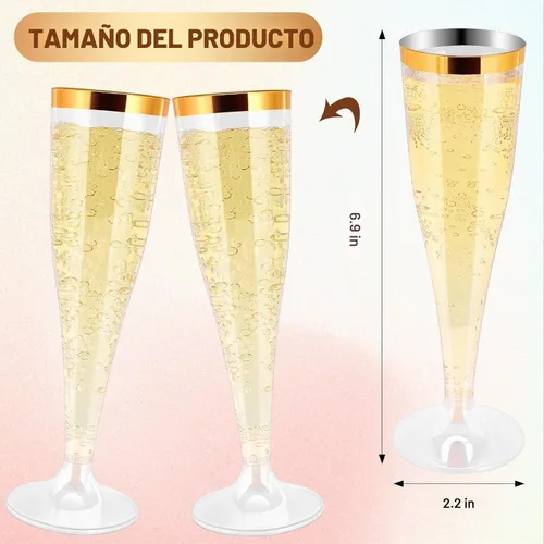 Vista 2 de Paquete de 100 copas de champán de plástico desechables, copas de champán de plástico con borde dorado, flauta de champán desechable transparente