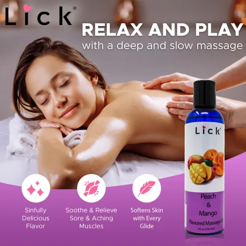 Vista 5 de Lick Aceite de masaje con sabor a mango de durazno – Aceite de masaje comestible de mezcla tropical jugosa con vitamina E, ligero deslizamiento