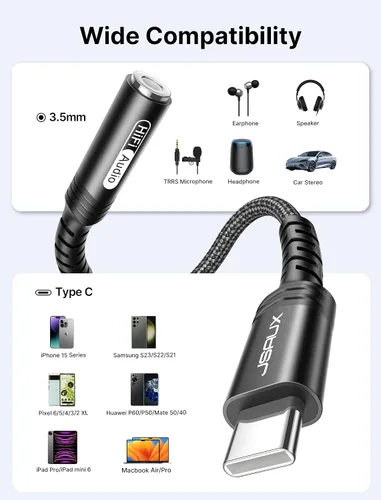 Vista 5 de Adaptador USB tipo C a conector de auriculares hembra de 3.5mm, cable JSAUX USB C a auxiliar de audio compatible con iPhone 15 Pro Max/15 Pro/15