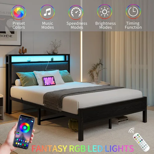 Vista 4 de Base de cama de tamaño matrimonial con estantes de almacenamiento, cabecera tapizada, color gris LED Lights Charging Station,Heavy Duty Metal Bed