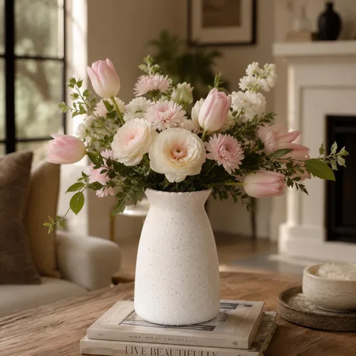 Vista 2 de hjn Florero de Flores Blanco - Florero de cerámica para decoración, jarrón blanco para flores, jarrones modernos para sala de estar/acentos