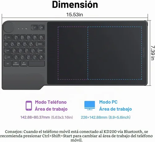 Vista 6 de Tableta de dibujo inalámbrica HUION Inspiroy Keydial KD200 Art Tablet, 8,9 Tableta gráfica Bluetooth con dial y teclado, 5 teclas personalizadas