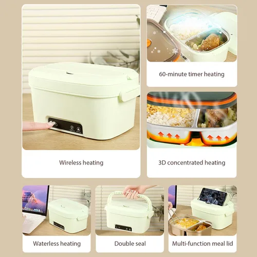 Vista 6 de Lonchera eléctrica inalámbrica, lonchera térmica de 1.5 L con batería de 7800 mAh, calentador de alimentos portátil verde para oficina, automóvil