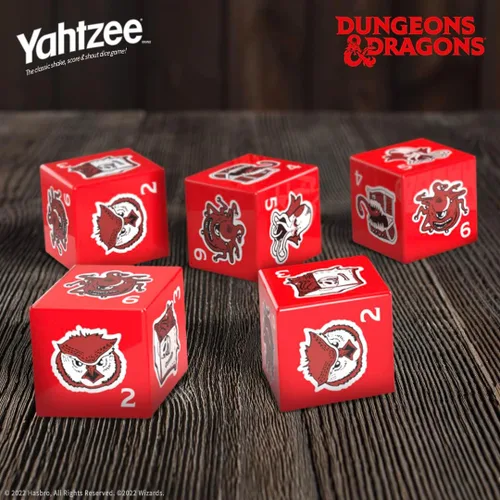 Vista 5 de YAHTZEE: Dungeons & Dragons Torre de dados coleccionables Dados con dragón, oso búho, cubo gelatinoso, imitador, desollador de la mente