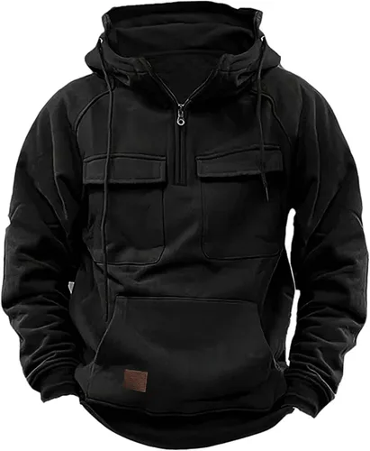 Vista 2 de Muscularfit Sudaderas tácticas para hombre, sudaderas con capucha de invierno de manga larga para entrenamiento, gimnasio, cargo, sin botones