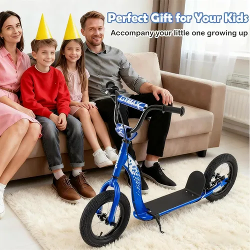 Vista 9 de GYMAX Patinete, Patinete de Empuje para Adultos, Adolescentes, Niños con Manubrio Ajustable, Ruedas Inflables de 12 Pulgadas, Freno de Pinza
