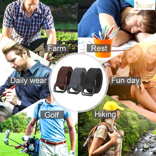 Vista 7 de JASGOOD Cinturones de tela de lona para hombre, cinturones casuales de tela con hebilla de doble anillo negro, paquete de 2