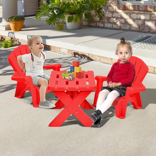 Vista 9 de COSTWAY Juego de mesa y silla para exteriores para niños, mesa de juego para niños con 2 sillas Adirondack, 3 muebles de patio trasero para niños