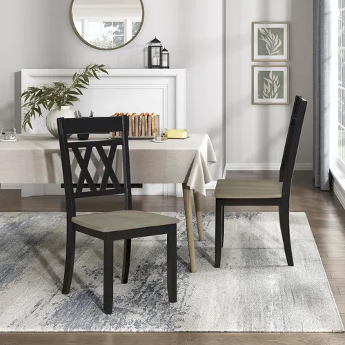 Vista 6 de Lexicon Silla de comedor de madera estilo granja, juego de 2, respaldo cruzado doble, sillas rústicas sin brazos, muebles de cocina y comedor, Negro