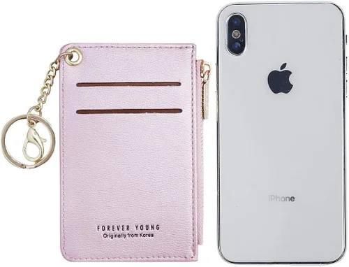 Vista 3 de Carteras pequeñas de cuero delgado para mujeres, tarjetero, cartera, monedero con llavero