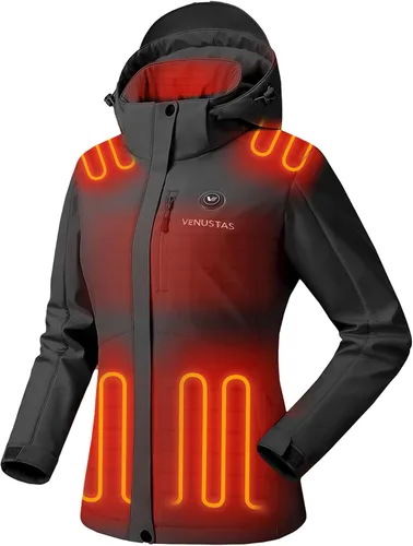 Vista 11 de Venustas - Chaqueta térmica para mujer con batería de 7.4 V, resistente al viento, eléctrica, aislada, con capucha desmontable, ajuste delgado Azul