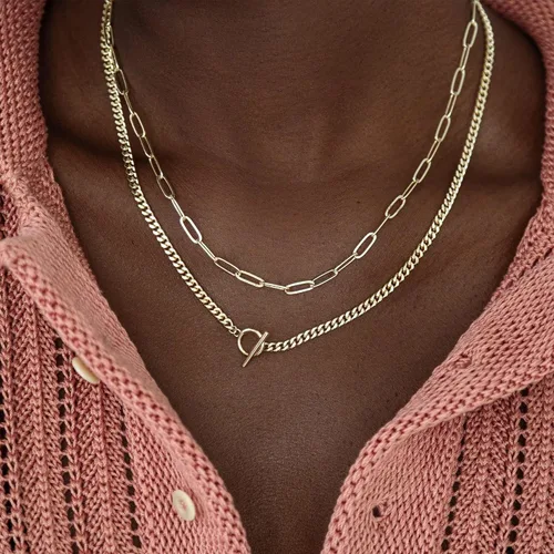Vista 3 de CHESKY Collares de oro en capas para mujer, collar de cadena de oro delicado de 14 quilates para mujer, cadena de clip de eslabones cubanos de moda