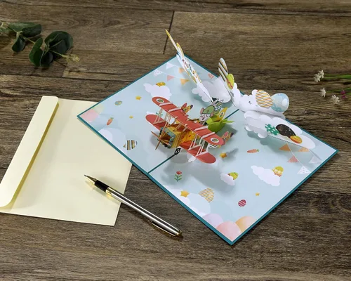 Vista 5 de ETA Tarjeta desplegable de Pascua 3D, conejito de Pascua en un avión, tarjeta de felicitación festiva, linda, divertida, tarjeta desplegable