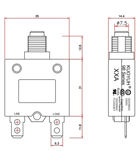 Vista 3 de Disyuntor térmico genuino 3A 125/250VCA 32VDC serie 98 pulsador para restablecer interruptor de sobrecarga térmica con terminales de conexión rápida