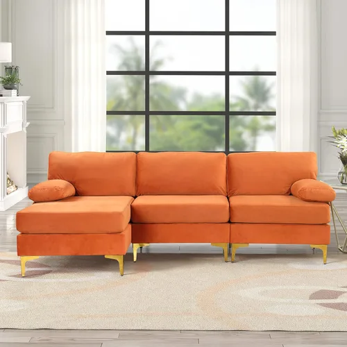 Vista 17 de Sofá modular moderno en forma de L, con diván extra ancho y patas doradas Gris