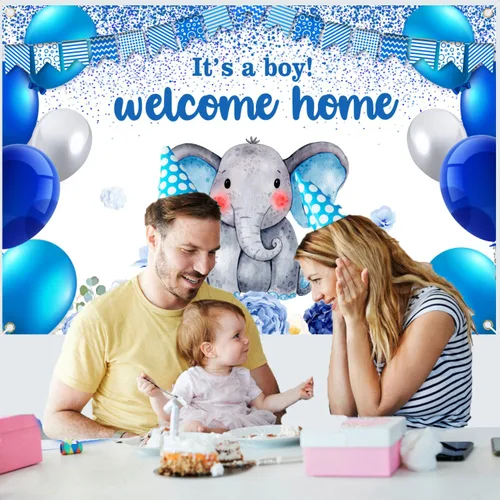 Vista 2 de Cartel de revelación de género con texto en inglés "I'm a Boy" para fiesta de baby shower, cabina de fotos, decoración de fondo de elefante azul