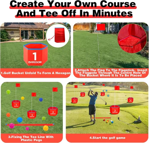 Vista 3 de Juego de golf para patio trasero con 2 palos, campo de golf portátil de 6 agujeros, juego de astillado de golf al aire libre para familias