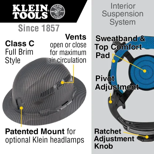 Vista 2 de Klein Tools 60626 - Casco duro, ala completa ventilada con diseño KARBN premium, casco duro tipo 1 clase C, suspensión de trinquete de 4 puntos