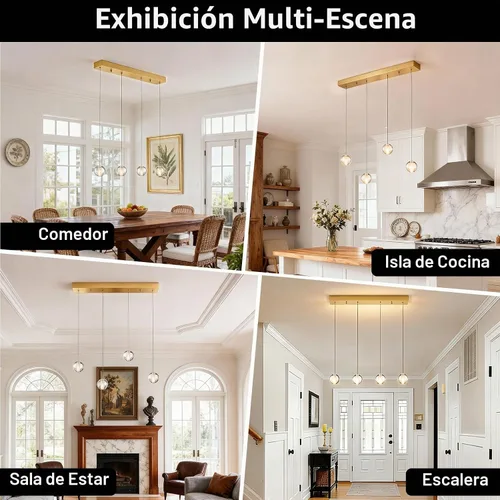 Vista 6 de Lámparas colgantes de oro cepillado de 4 luces para isla de cocina moderna, lámparas colgantes de globo de cristal para comedor sobre mesa, lámparas