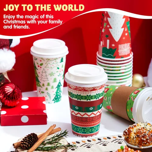 Vista 5 de JOYIN 24 vasos de papel desechables de Navidad, vasos de fiesta de Navidad de 16 onzas con mangas y tapas, 8 diseños de vasos de café de Navidad