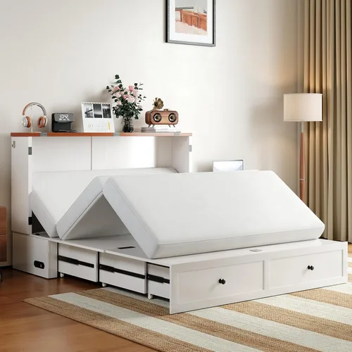Vista 2 de BALUS Cama Murphy de tamaño matrimonial con colchón incluido, cama Murphy de 57 pulgadas de ancho con estación de carga USB y 2 cajones