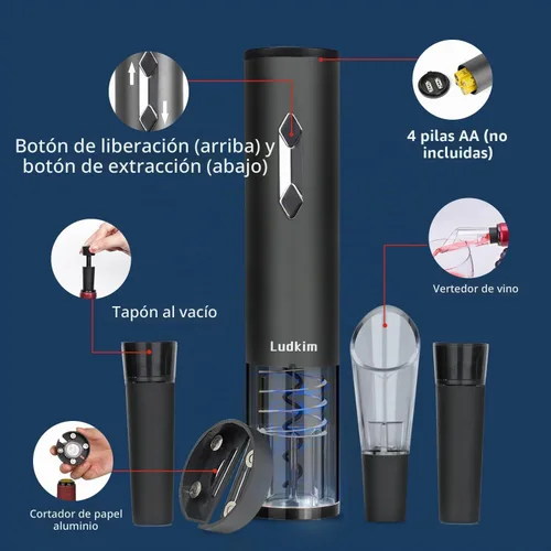 Vista 3 de Abrebotellas de vino eléctrico, 5 en 1, abrebotellas de vino Plata 5 en 1