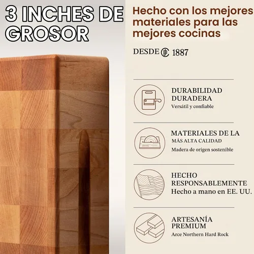 Vista 3 de John Boos CCB Series Tabla de cortar cuadrada de madera de arce de 12 x 12 pulgadas - 3 pulgadas de grosor, bloque de carnicero reversible de 13