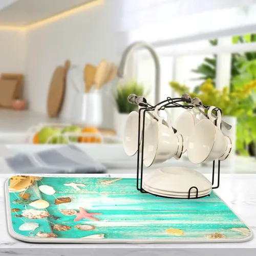 Vista 5 de Tapete absorbente para secado de platos para encimera de cocina, conchas verdes en la tabla de madera, almohadilla de secado de microfibra, 27