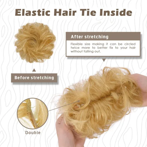 Vista 8 de BARSDAR Rubio dorado con reflejos, 2 piezas de cabello desordenado de moño + extensiones de moño de cabello humano real rubio