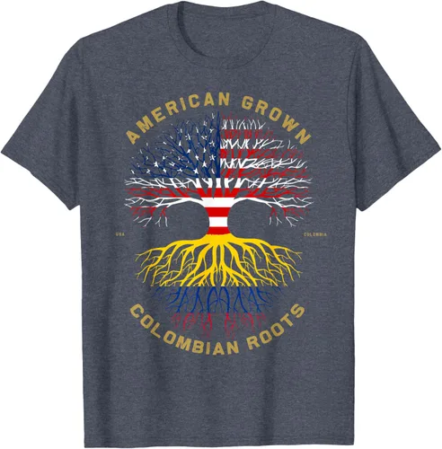 Vista 100 de Camiseta de regalo con la bandera de Estados Unidos con árbol de raíces colombianas