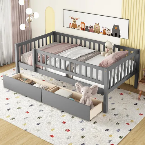 Vista 16 de Harper & Bright Designs Sofá cama de tamaño individual con dos cajones, marco de cama de madera con plataforma individual para niños con Nogal