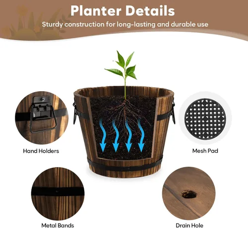 Vista 4 de Macetas pequeñas de madera con forma de barril, 6.3 pulgadas + 5.3 pulgadas, macetas rústicas de flores con agujeros de drenaje para decoración
