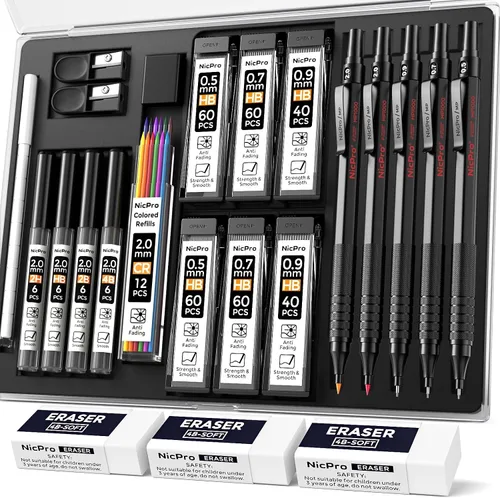 Vista 10 de Nicpro Black Art - Juego de 5 lápices de dibujo de metal de 0.3, 0.5, 0.7, 0.035 in y 0.079 in, soporte de plomo de grafito para dibujar y dibujar