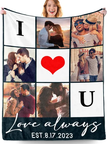 Vista 29 de Manta personalizada con fotos, manta personalizada con fotos con texto en inglés "I Love You", regalo de cumpleaños para novia, novio, esposa