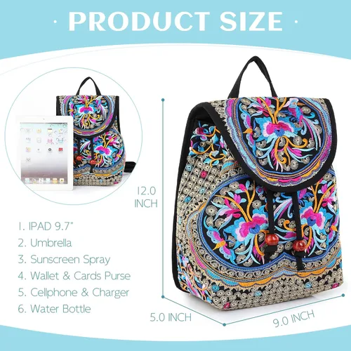 Vista 3 de MAZEXY Mochila bordada para mujer, bolso de hombro bohemio, bolso cruzado de flores étnicas vintage, Zafiro rojo, Causal
