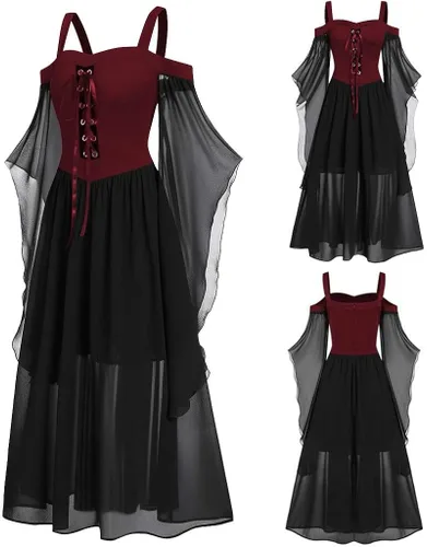 Vista 3 de SHOPESSA Disfraz medieval para mujer vestido largo de manga mariposa hombros descubiertos vestido de corsé steampunk para mujer ropa gótica