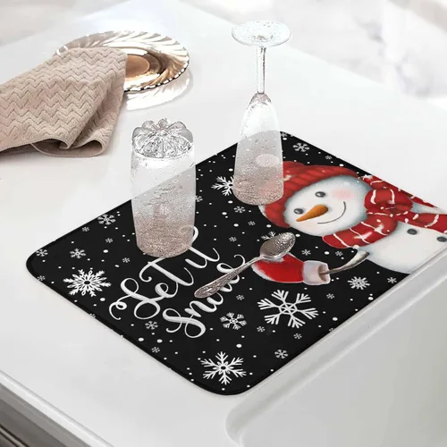 Vista 5 de Tapete clásico de microfibra para secado de platos, 16 x 18 pulgadas, escurridor absorbente para encimera de cocina, patrón de copo de nieve